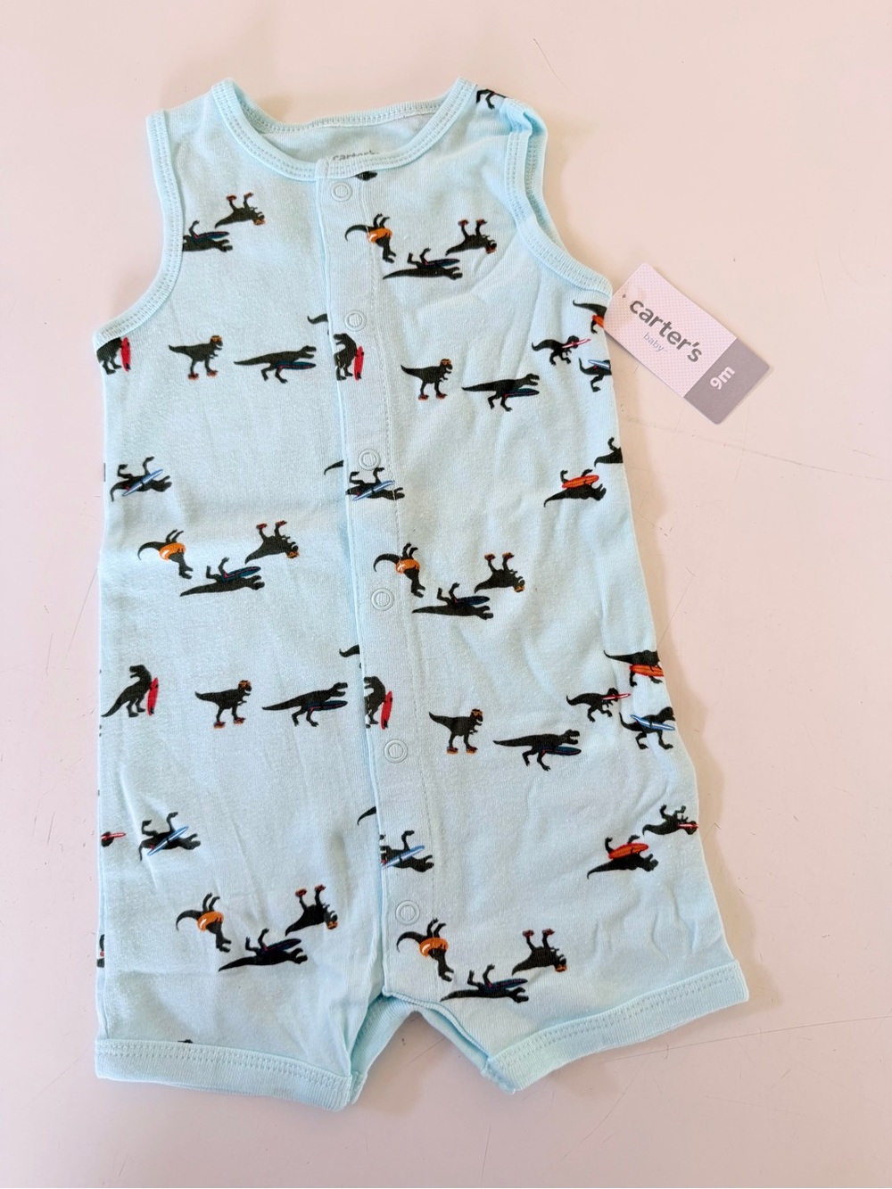 Carter's Light Blue Dinosaur Snap Romper